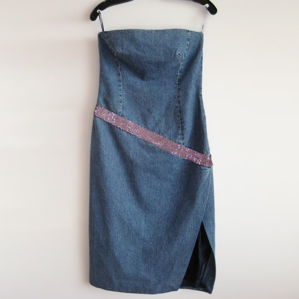 ANTONIO BERARDI Blue Denim Strapless Dress with Pink Rhinestone-Pave Band